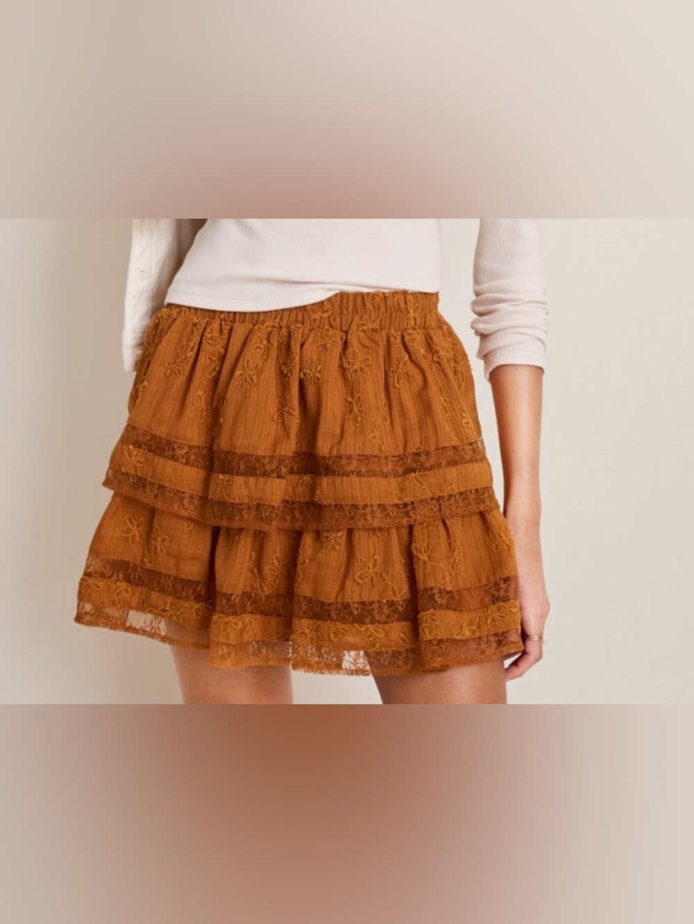 Francesca's Collections Embroidered Tiered Mini Skirt in Rust